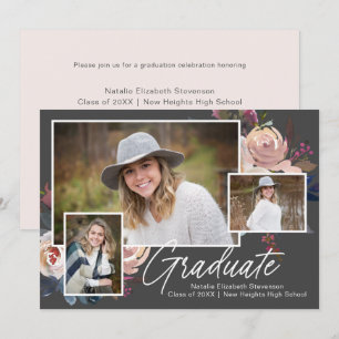 Moderne Boho Drie foto Bloemen Graduation Party Kaart