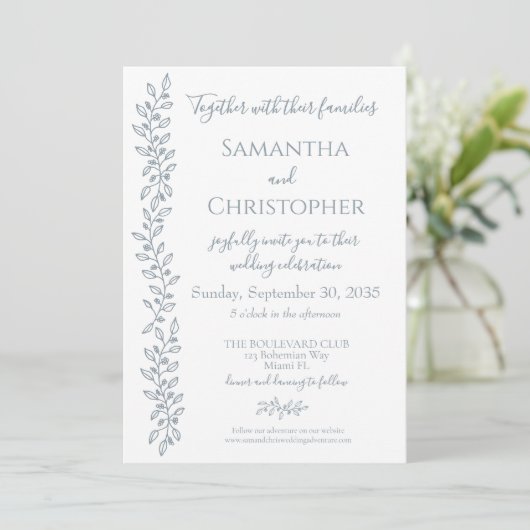 Moderne Boho Dusty Blue Botanical Minimal Wedding Kaart (Staand voorkant)