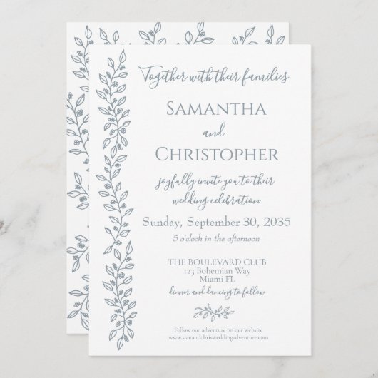 Moderne Boho Dusty Blue Botanical Minimal Wedding Kaart (Voorkant / Achterkant)