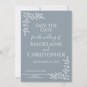 Moderne Boho Dusty Blue Botanische Fotobruiloft Save The Date (Voorkant)