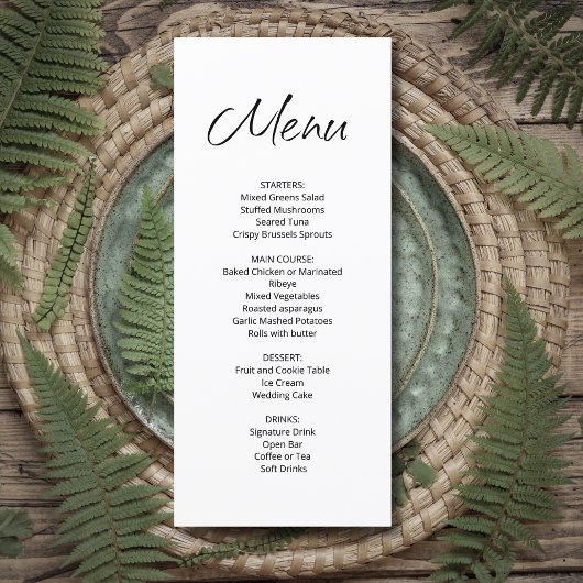 Moderne Boho Eenvoudige bruiloft receptie diner Menu