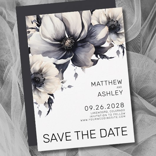 Moderne Boho Elegante Zwarte Witte Bloemige Bruilo Save The Date