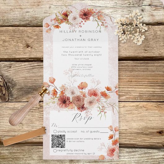 Moderne boho en neutalen — Floral QR-code All In One Uitnodiging