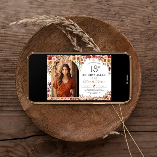Moderne Boho Floral 18e Verjaardag Diner Foto Kaart
