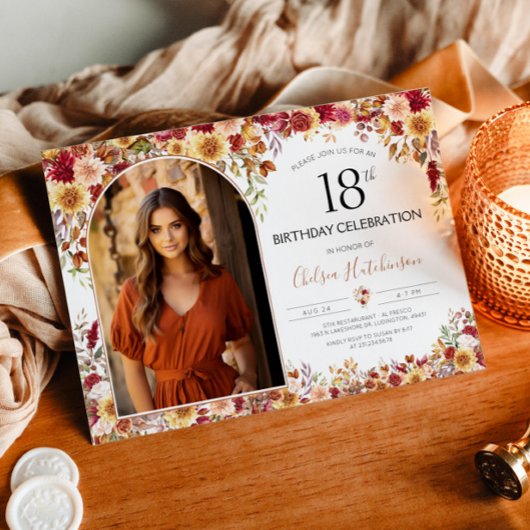 Moderne Boho Floral 18e Verjaardagsfeestfoto Kaart