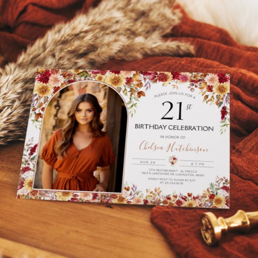 Moderne Boho Floral 21e Verjaardag Foto Kaart