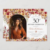 Moderne Boho Floral 30e verjaardag Party Foto Kaart (Voorkant / Achterkant)