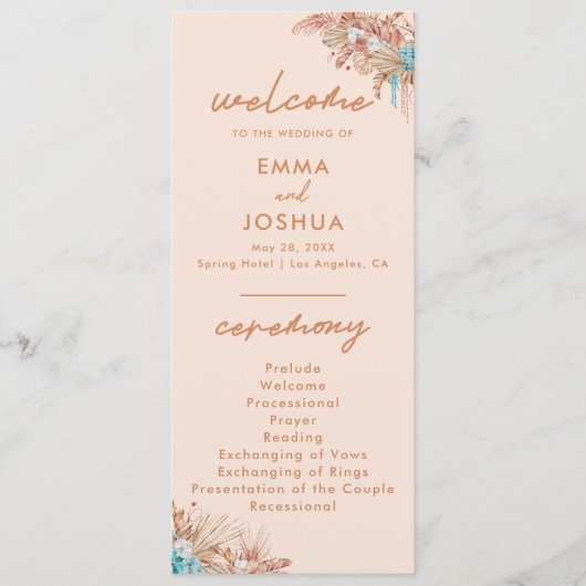 Moderne Boho Floral bruiloft ceremonie Programmakaart (Voorkant)