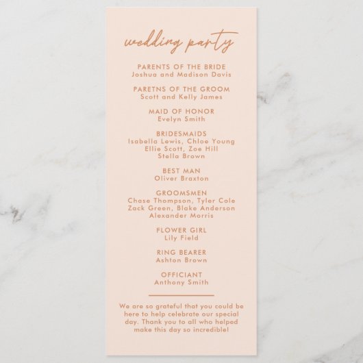 Moderne Boho Floral bruiloft ceremonie Programmakaart (Achterkant)