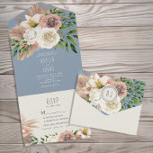 Moderne Boho Floral Dusty Blue Wedding All In One Uitnodiging