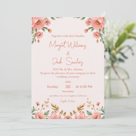 Moderne Boho Floral Dusty Peach Ivory Wedding Kaart (Staand voorkant)