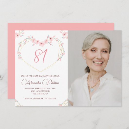 Moderne Boho Floral Foto 81e verjaardag uitnodigin Kaart (Voorkant / Achterkant)