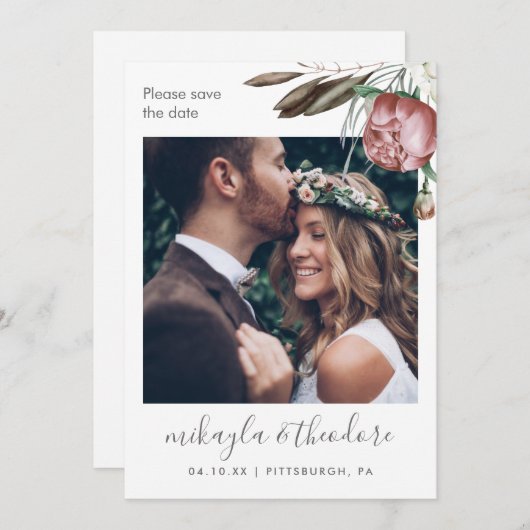 Moderne Boho Floral foto bruiloft Save The Date (Voorkant / Achterkant)