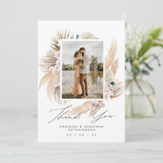 Moderne Boho Floral Multi foto bruiloft Bedankkaart (Staand voorkant)