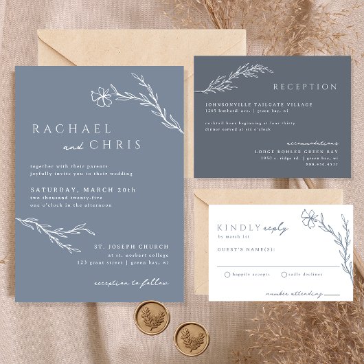 Moderne Boho Floral Outline in Dusty Blue Wedding Kaart