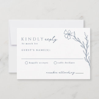 Moderne Boho Floral Outline in Dusty Blue Wedding RSVP Kaartje