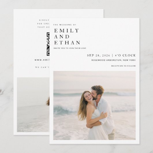 Moderne Boho Foto QR Code Destination Wedding Kaart (Voorkant / Achterkant)