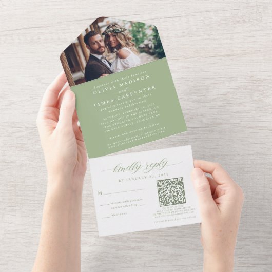 Moderne Boho Foto RSVP QR Code Sage Groene Bruilof All In One Uitnodiging (Afscheurbaar)