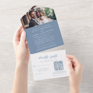 Moderne Boho Foto RSVP QR Code Stoffig Blauw Bruil All In One Uitnodiging
