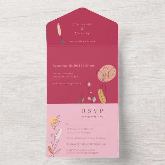 Moderne Boho Fuchsia Roze Lijn Kunst Bruiloft All In One Uitnodiging (Binnen)