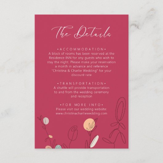 Moderne Boho Fuchsia Roze Lijn Kunst Bruiloft Deta Informatiekaartje (Voorkant)