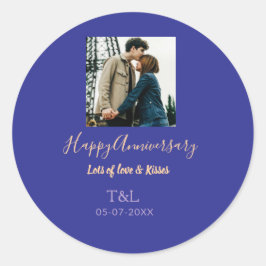 Moderne boho gelukkig jubileum voeg naam toe blauw ronde sticker