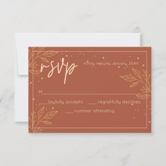 Moderne Boho Gouden Blad Bruiloft RSVP Kaart (Voorkant)
