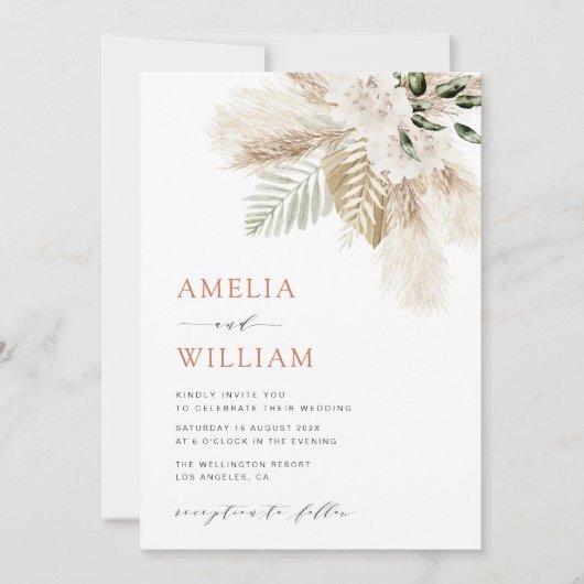 moderne boho greenery pampas gras bruiloft kaart (Voorkant)