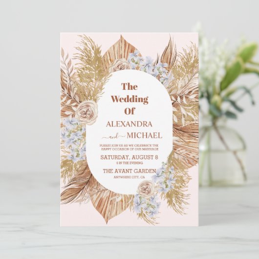 moderne boho greenery pampas gras bruiloft kaart (Staand voorkant)