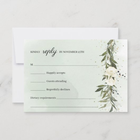 Moderne Boho groen olijfkrans witte rozen RSVP Kaartje (Voorkant)