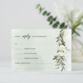Moderne Boho groen olijfkrans witte rozen RSVP Kaartje (Staand voorkant)