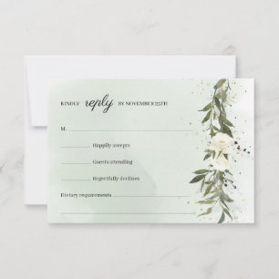 Moderne Boho groen olijfkrans witte rozen RSVP Kaartje