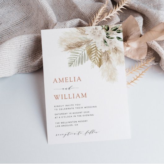 moderne boho groen pampas gras QR code bruiloft Kaart