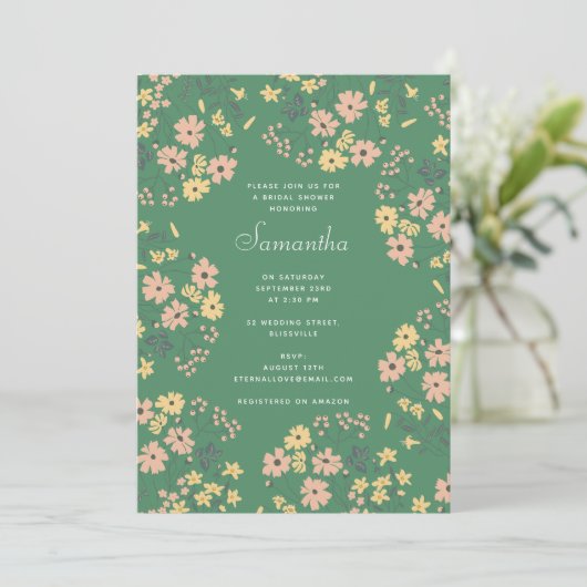 Moderne Boho Groene Bloemmotief Bruiloft Feest Kaart (Staand voorkant)
