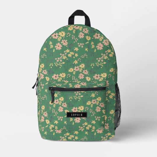 Moderne Boho Groene Bloemstuk Aangepaste Naam Bedrukte Rugzak (Voorkant)