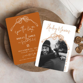 Moderne boho handgetekende boeg TERRACOTTA bruilof Save The Date