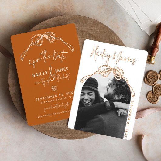 Moderne boho handgetekende boeg TERRACOTTA bruilof Save The Date