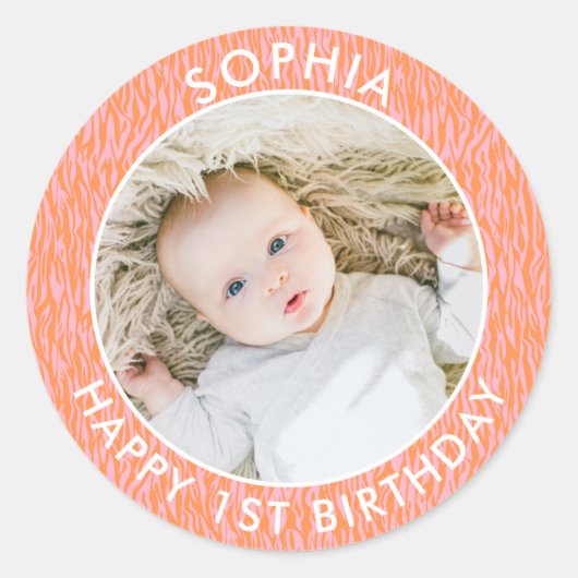 Moderne Boho Happy 1st Verjaardag Foto Safari Ronde Sticker (Voorkant)