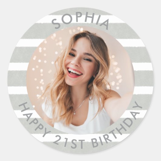 Moderne Boho Happy Birthday-foto Ronde Sticker (Voorkant)