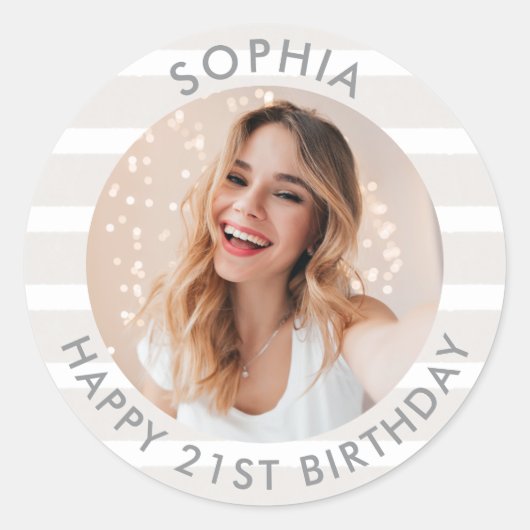 Moderne Boho Happy Birthday-foto Ronde Sticker (Voorkant)