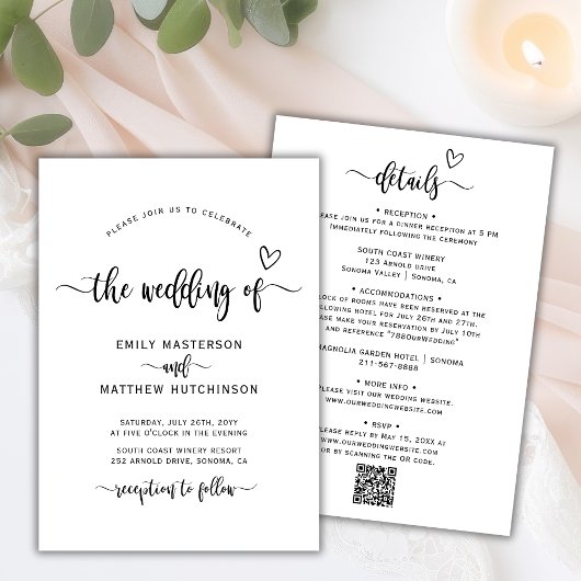 Moderne Boho Hart Kalligrafie QR Code Huwelijk Kaart
