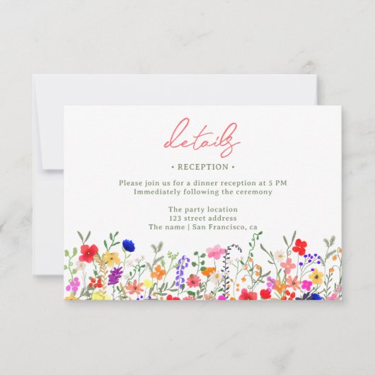 Moderne boho heldere wilde bloemen bruiloft detail kaart (Voorkant)