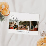 Moderne Boho Joyful Drie Foto Kerstmis Feestdagenkaart<br><div class="desc">Vier het vakantieseizoen met deze moderne boho vreugdevolle drie foto kerstvakantie kaart. Het unieke en bewerkbare script geeft het ontwerp een chique maar toch elegante touch. Het eenvoudige zwart-witte ontwerp belichaamt een klassieke en grillige sfeer, perfect voor het winterseizoen. Het minimale bohemian feestelijke designlettertype voegt creativiteit en charme toe, terwijl...</div>