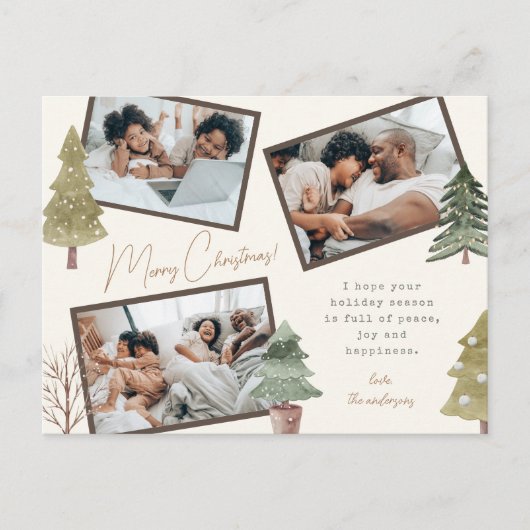 Moderne Boho Kerst 3 foto collage dennenbomen Feestdagenkaart (Voorkant)