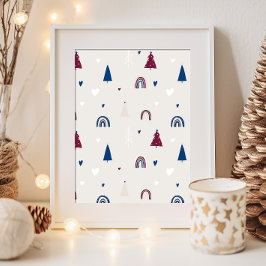 Moderne Boho Kerst Blauw & Beige Wall Art Print