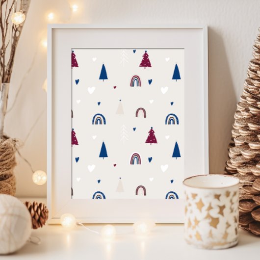Moderne Boho Kerst Blauw & Beige Wall Art Print