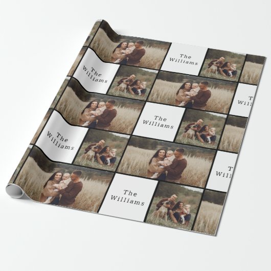 Moderne Boho Kerstmis Familie Fotocollage Cadeaupapier (Uitgerold)