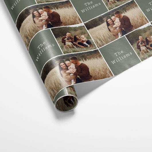 Moderne Boho Kerstmis | Groene Familie Fotocollage Cadeaupapier