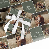 Moderne Boho Kerstmis | Groene Familie Fotocollage Cadeaupapier
