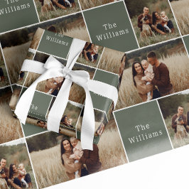 Moderne Boho Kerstmis | Groene Familie Fotocollage Cadeaupapier
